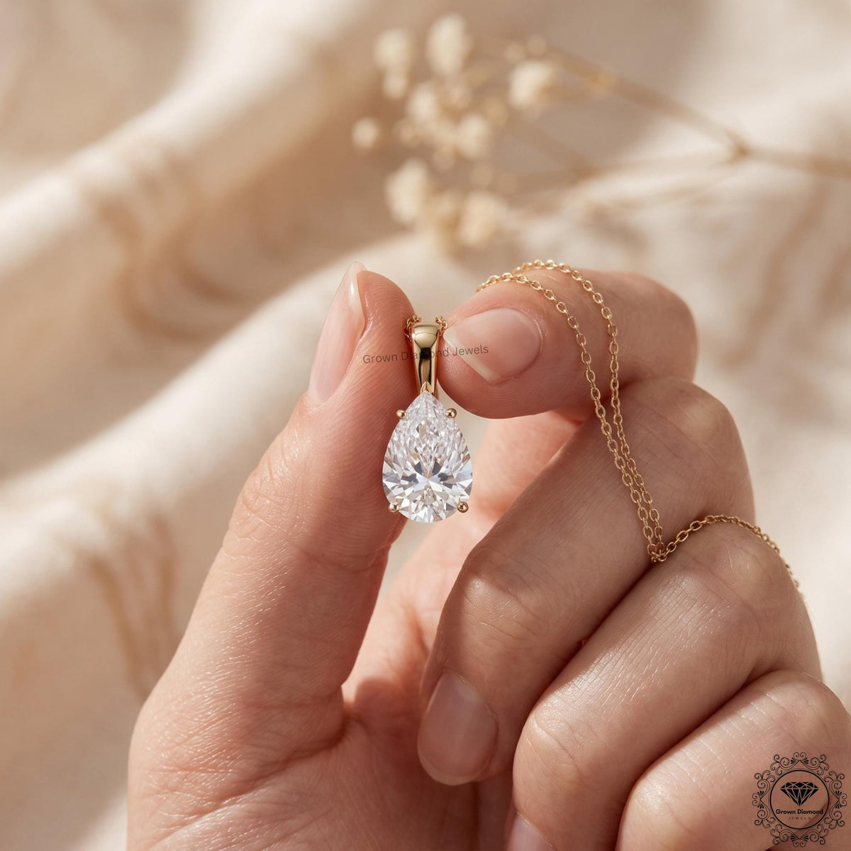 Pear Cut Lab Grown Solitaire Drop Necklace 14K Gold Pendant - GrownDiamondJewels