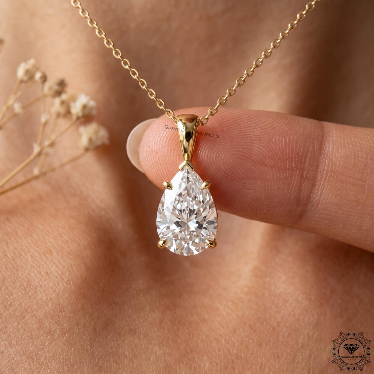Pear Cut Lab Grown Solitaire Drop Necklace 14K Gold Pendant - GrownDiamondJewels