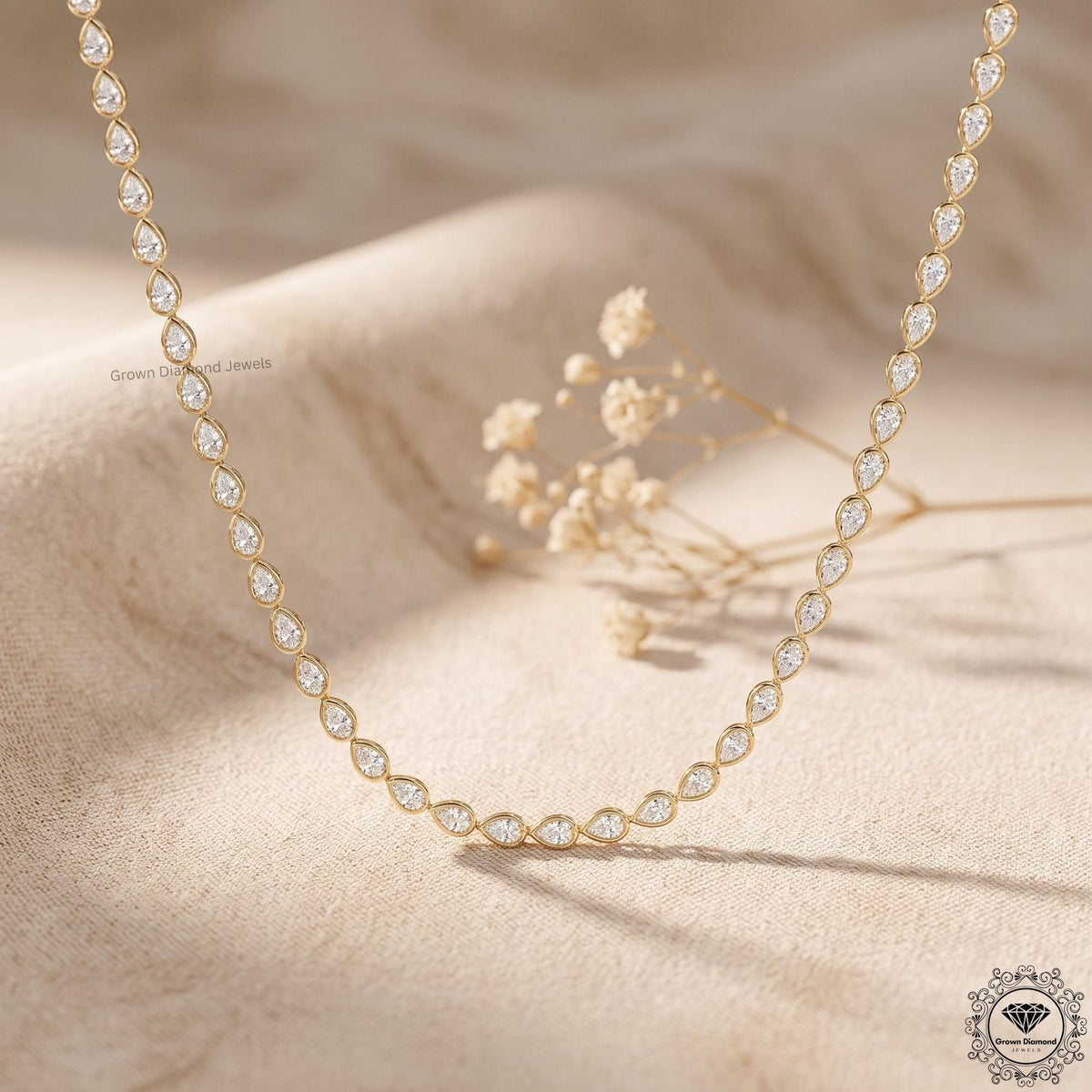 Pear Lab Grown Diamond Tennis Necklace 14K Gold Bezel Set - GrownDiamondJewels