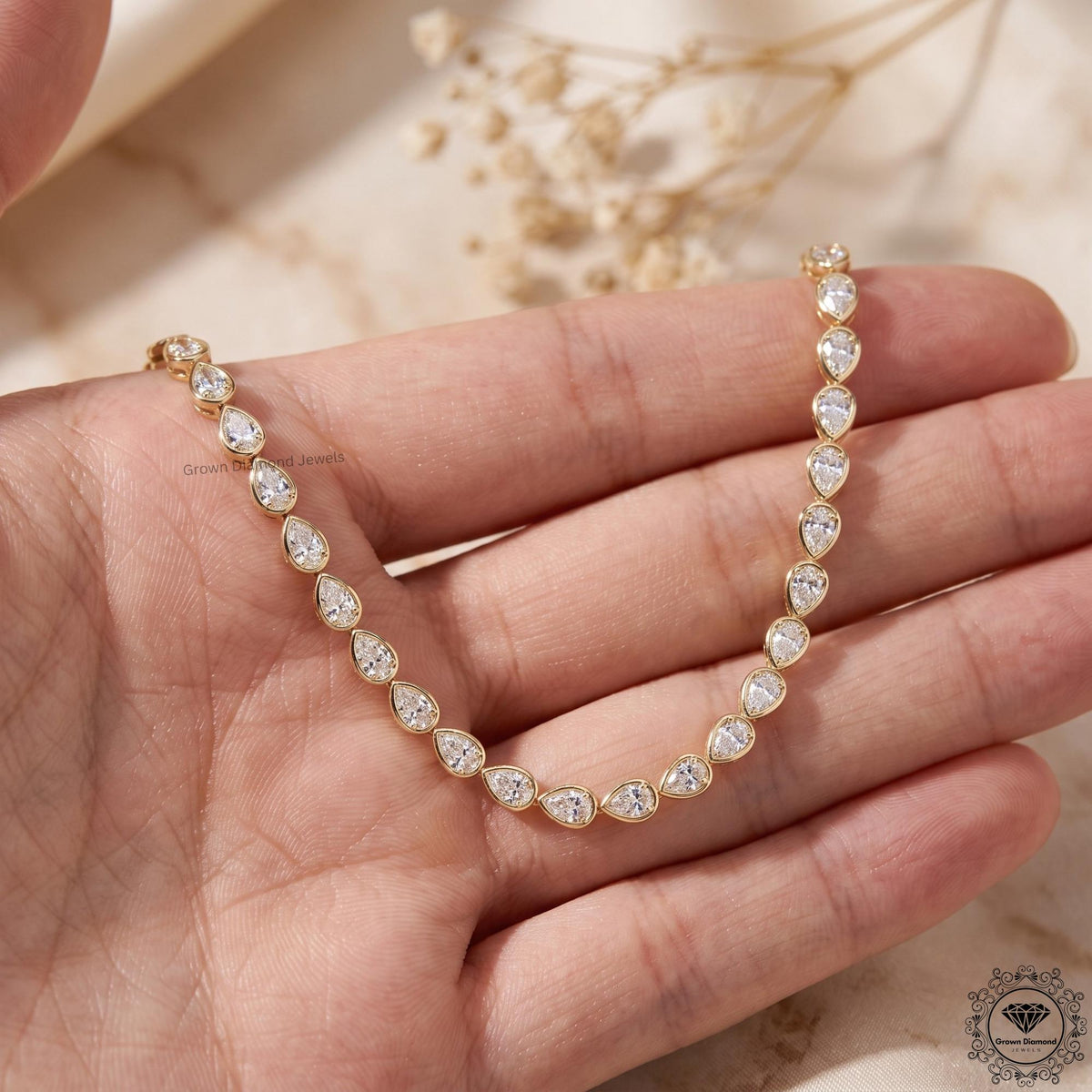 Pear Lab Grown Diamond Tennis Necklace 14K Gold Bezel Set - GrownDiamondJewels