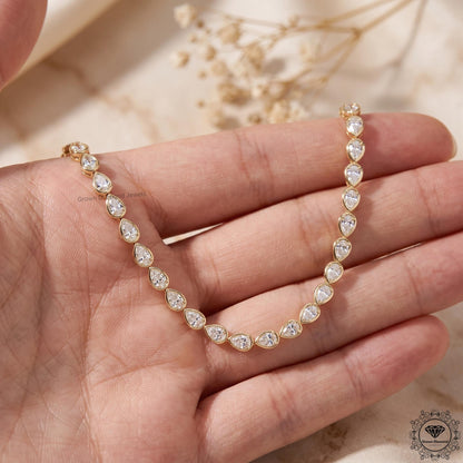 Pear Lab Grown Diamond Tennis Necklace 14K Gold Bezel Set - GrownDiamondJewels