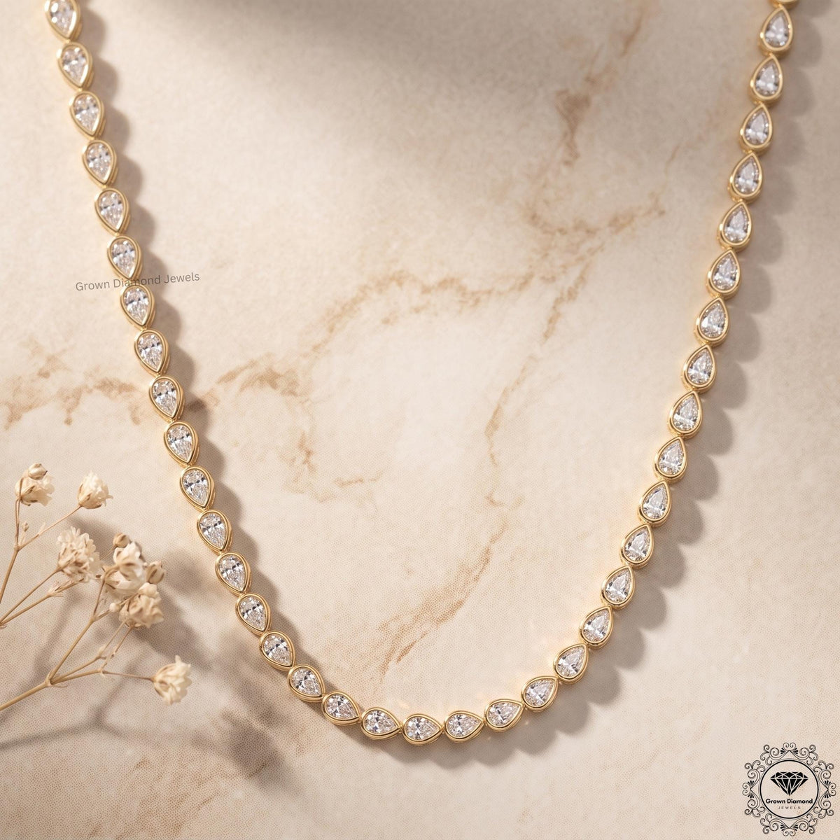 Pear Lab Grown Diamond Tennis Necklace 14K Gold Bezel Set - GrownDiamondJewels