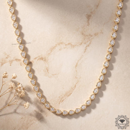 Pear Lab Grown Diamond Tennis Necklace 14K Gold Bezel Set - GrownDiamondJewels