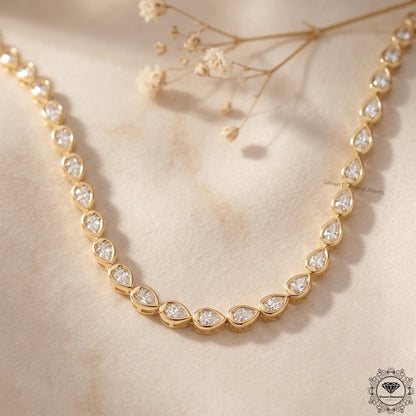 Pear Lab Grown Diamond Tennis Necklace 14K Gold Bezel Set - GrownDiamondJewels