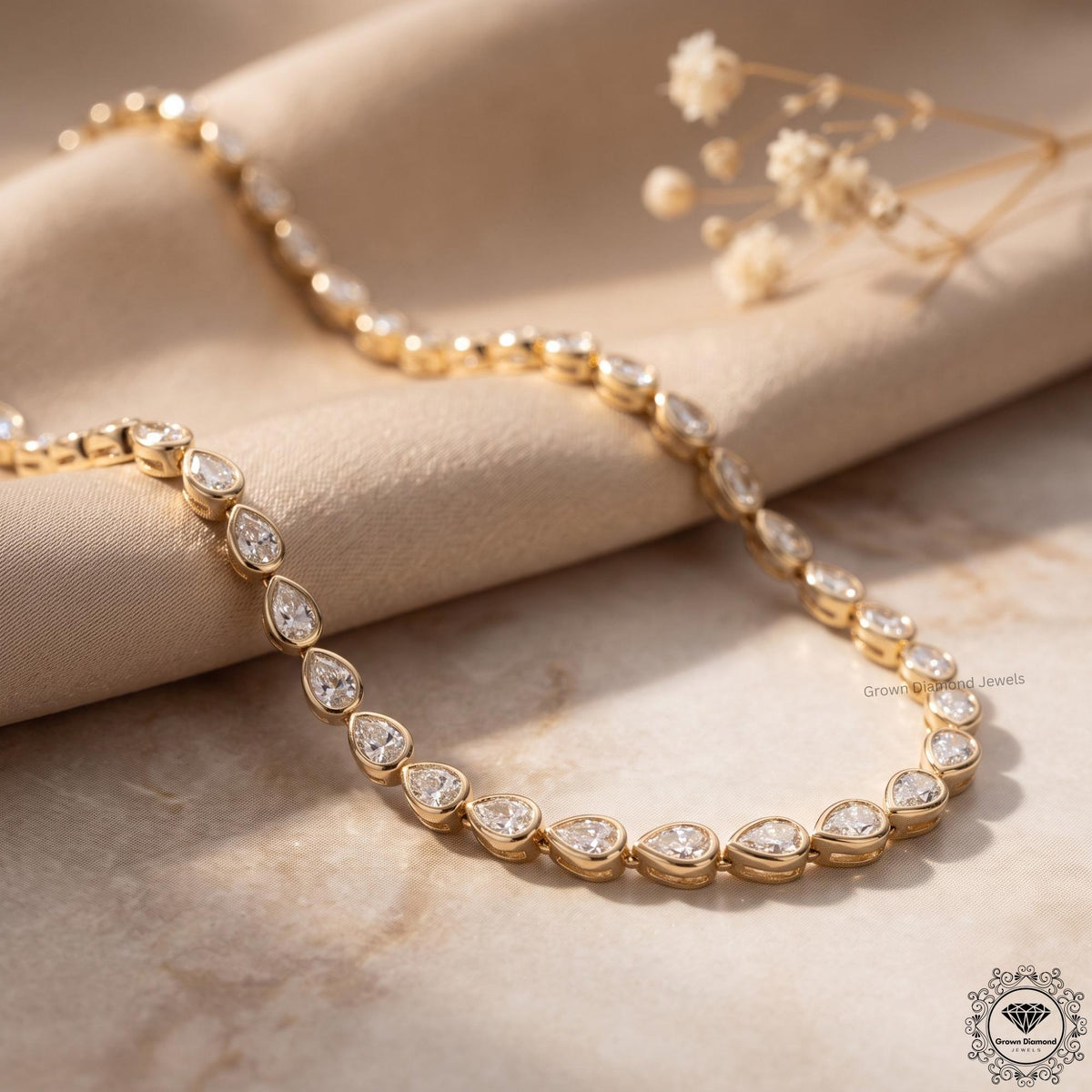 Pear Lab Grown Diamond Tennis Necklace 14K Gold Bezel Set - GrownDiamondJewels