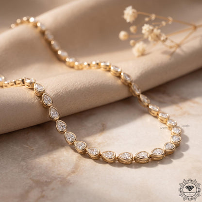 Pear Lab Grown Diamond Tennis Necklace 14K Gold Bezel Set - GrownDiamondJewels