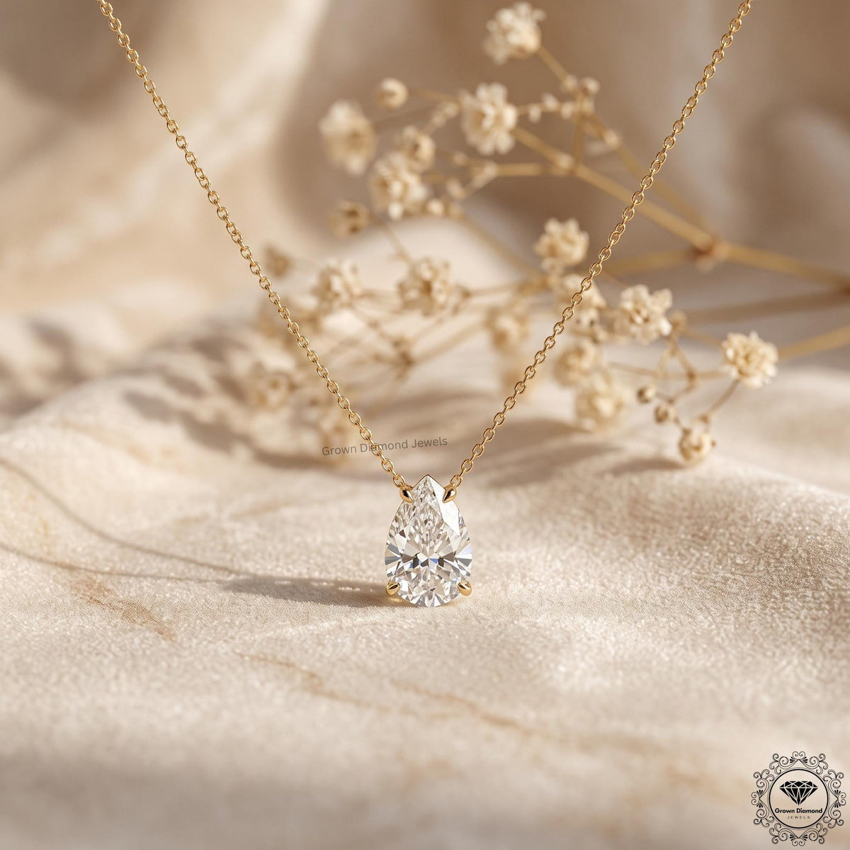 14K White Gold Pear Diamond Solitaire Necklace IGI Certified - GrownDiamondJewels