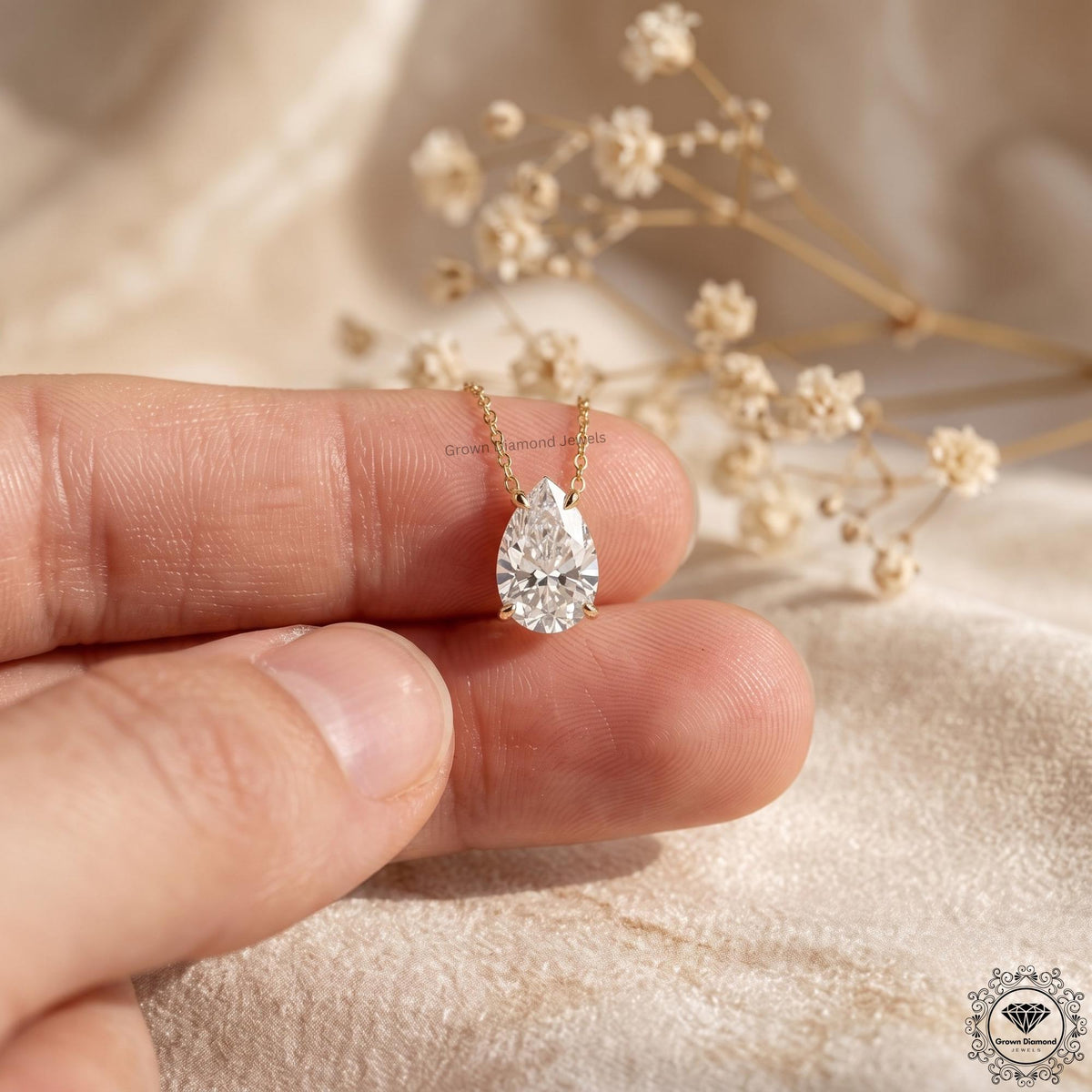 14K White Gold Pear Diamond Solitaire Necklace IGI Certified - GrownDiamondJewels