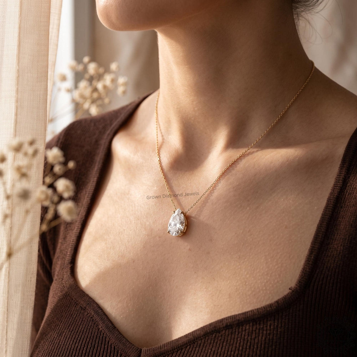 14K White Gold Pear Diamond Solitaire Necklace IGI Certified - GrownDiamondJewels