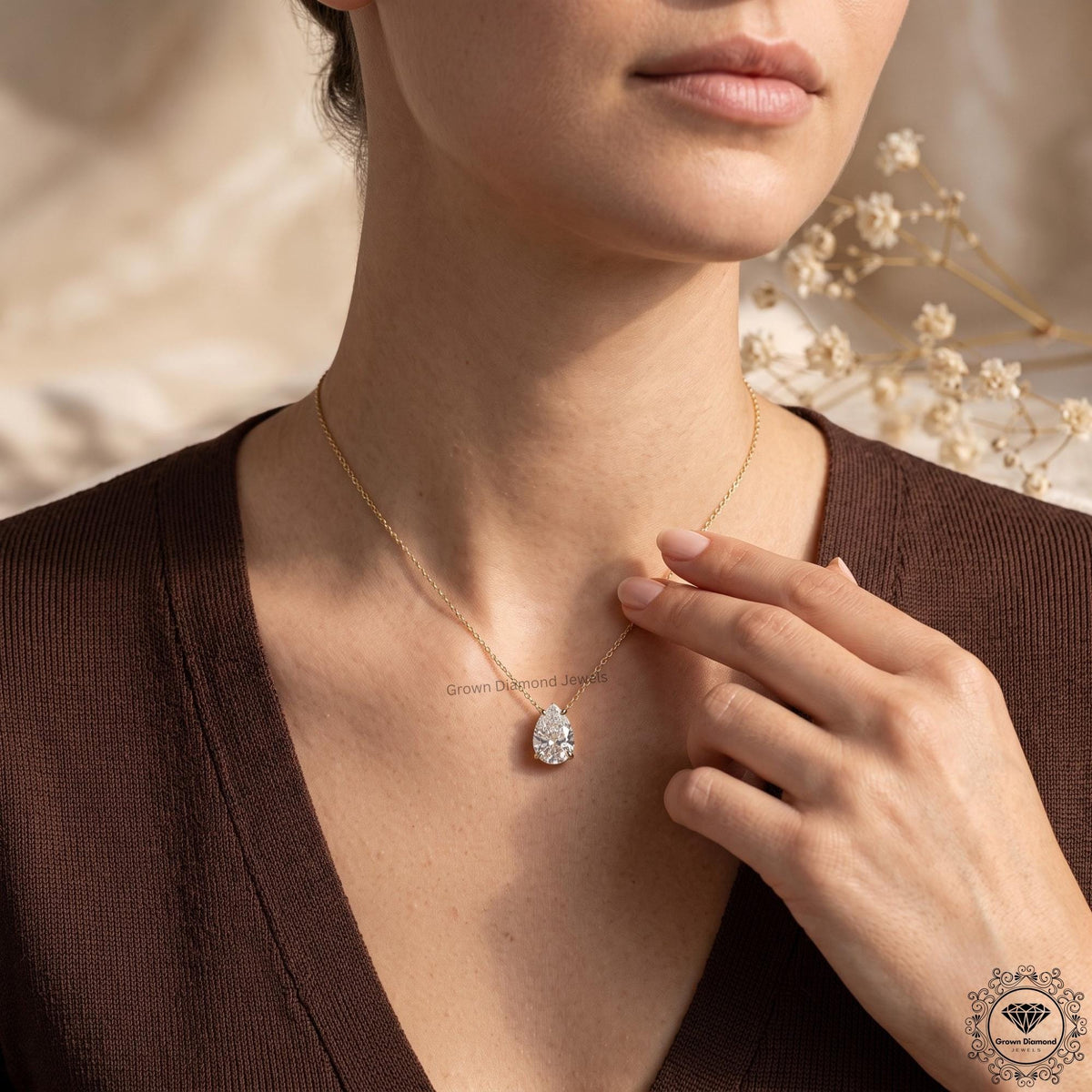 14K White Gold Pear Diamond Solitaire Necklace IGI Certified - GrownDiamondJewels