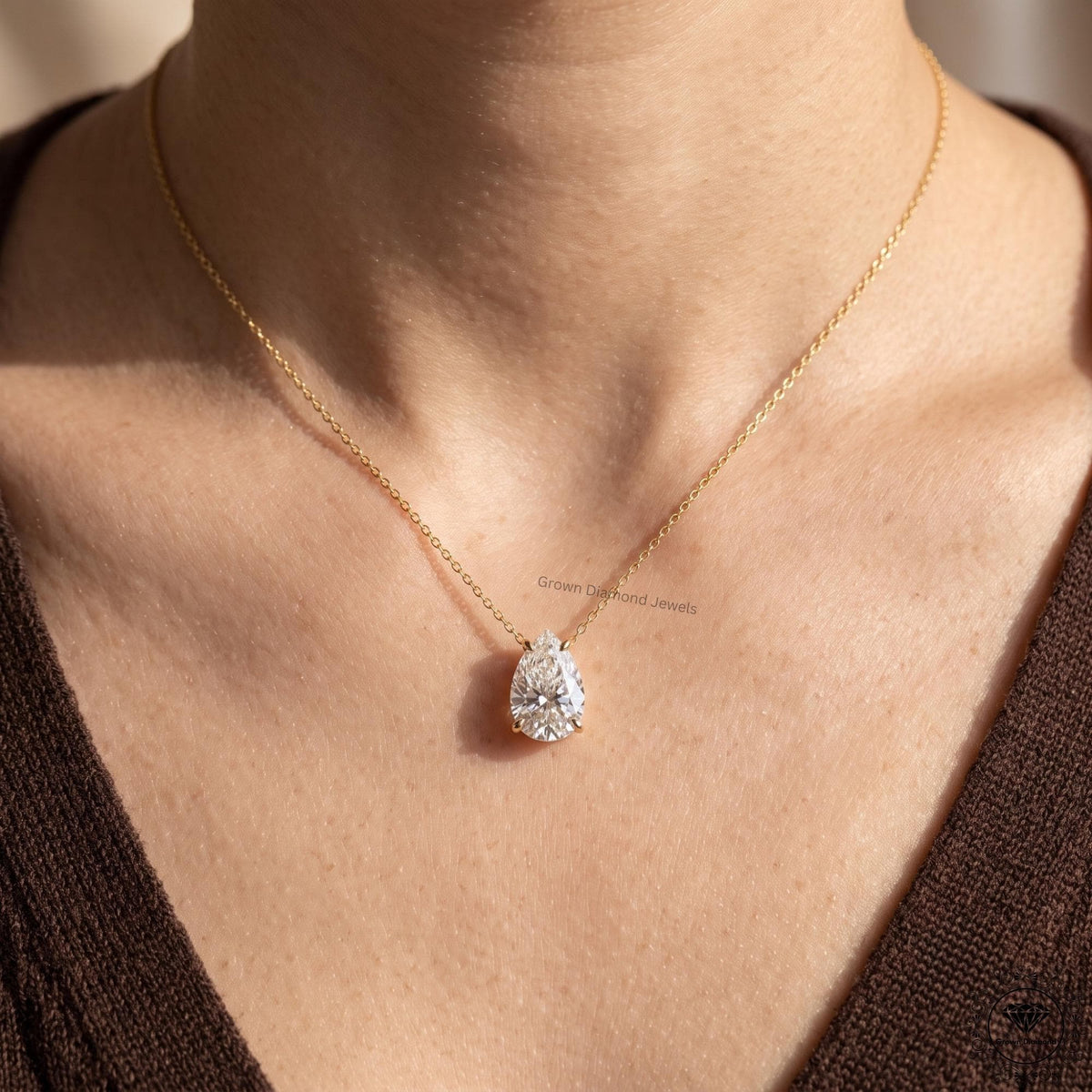 14K White Gold Pear Diamond Solitaire Necklace IGI Certified - GrownDiamondJewels
