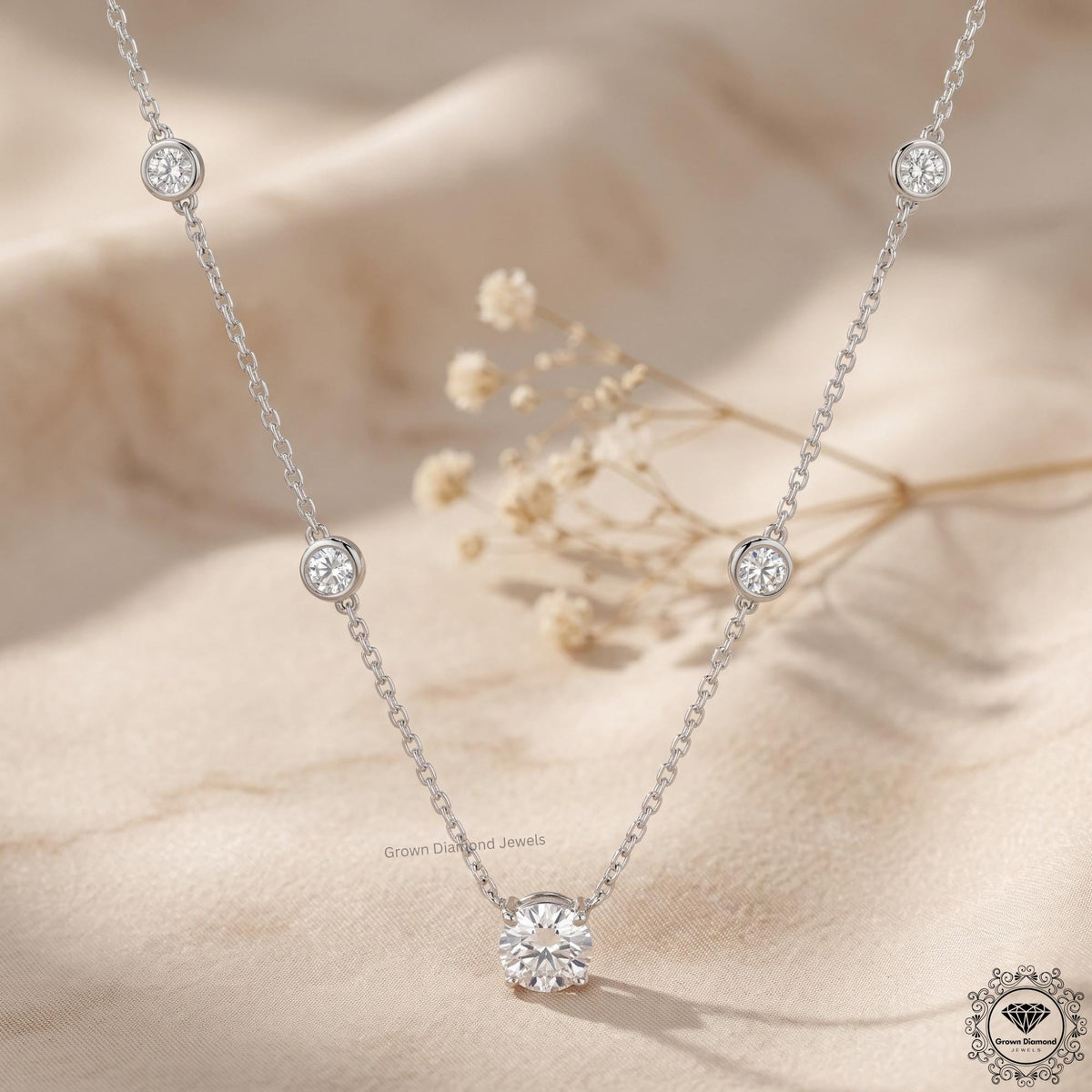 Round Cut Lab Grown Diamond Bezel Station Necklace 14K Gold - GrownDiamondJewels