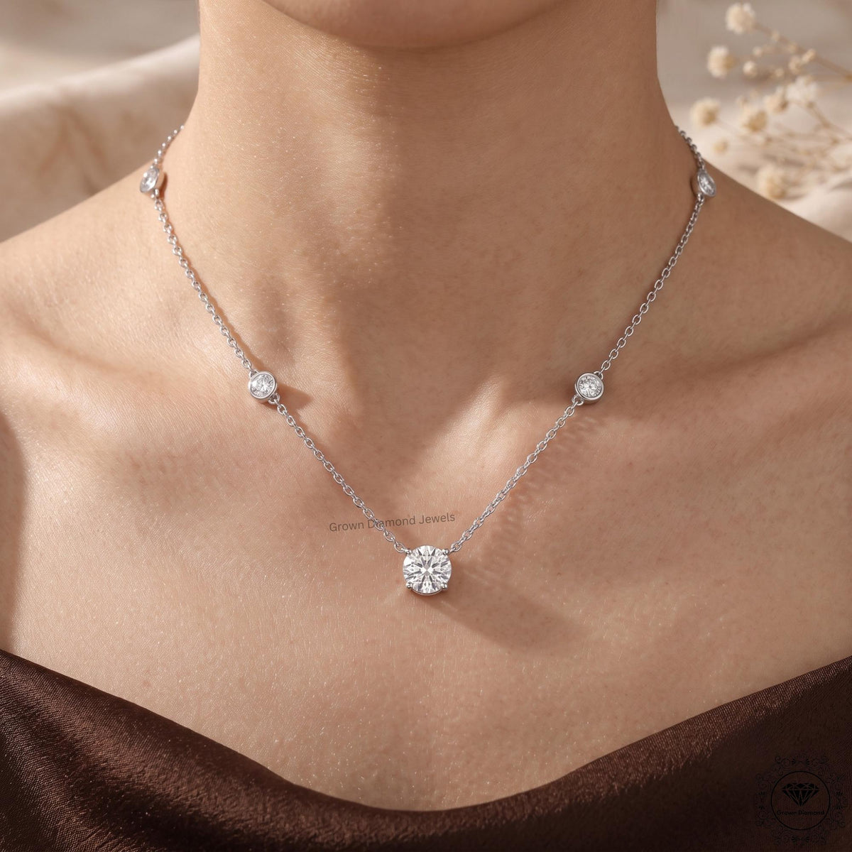 Round Cut Lab Grown Diamond Bezel Station Necklace 14K Gold - GrownDiamondJewels