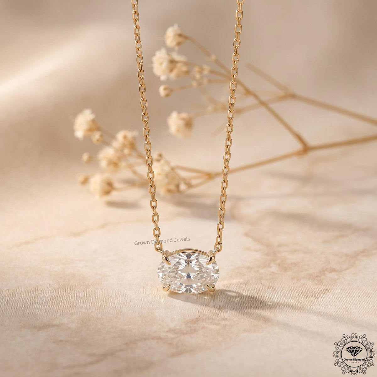 East West Oval Lab Grown Diamond Solitaire Pendant 14K Gold - GrownDiamondJewels