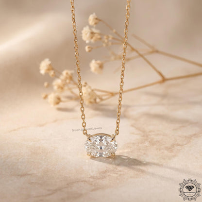 East West Oval Lab Grown Diamond Solitaire Pendant 14K Gold - GrownDiamondJewels