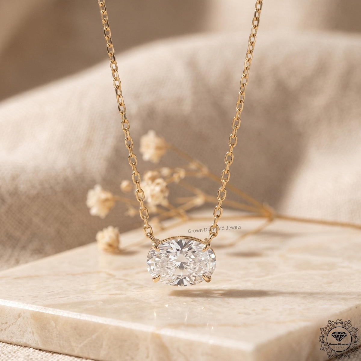 East West Oval Lab Grown Diamond Solitaire Pendant 14K Gold - GrownDiamondJewels