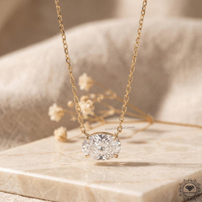 East West Oval Lab Grown Diamond Solitaire Pendant 14K Gold - GrownDiamondJewels