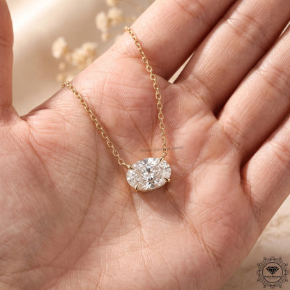 East West Oval Lab Grown Diamond Solitaire Pendant 14K Gold - GrownDiamondJewels