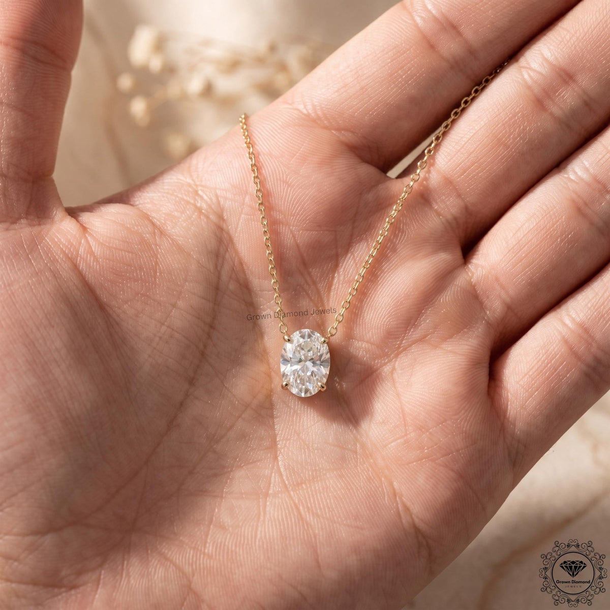 Oval Cut Lab Grown Diamond Solitaire Pendant Necklace 14K - GrownDiamondJewels