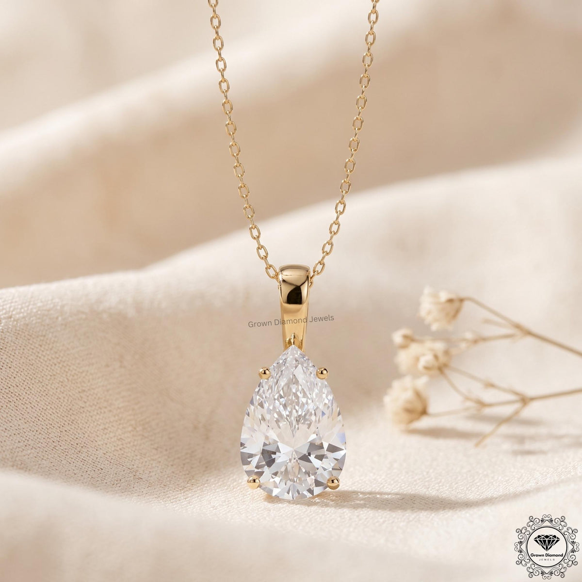 Pear Cut Lab Grown Solitaire Drop Necklace 14K Gold Pendant - GrownDiamondJewels
