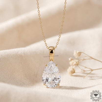 Pear Cut Lab Grown Solitaire Drop Necklace 14K Gold Pendant - GrownDiamondJewels