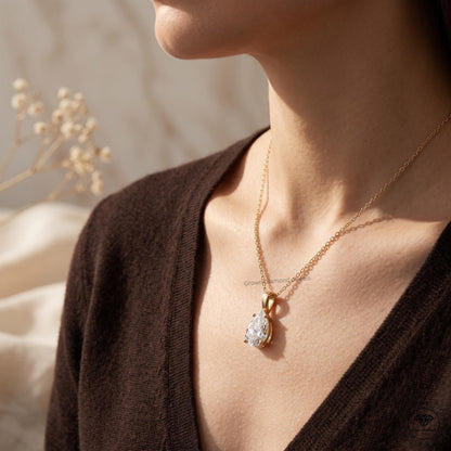 Pear Cut Lab Grown Solitaire Drop Necklace 14K Gold Pendant - GrownDiamondJewels