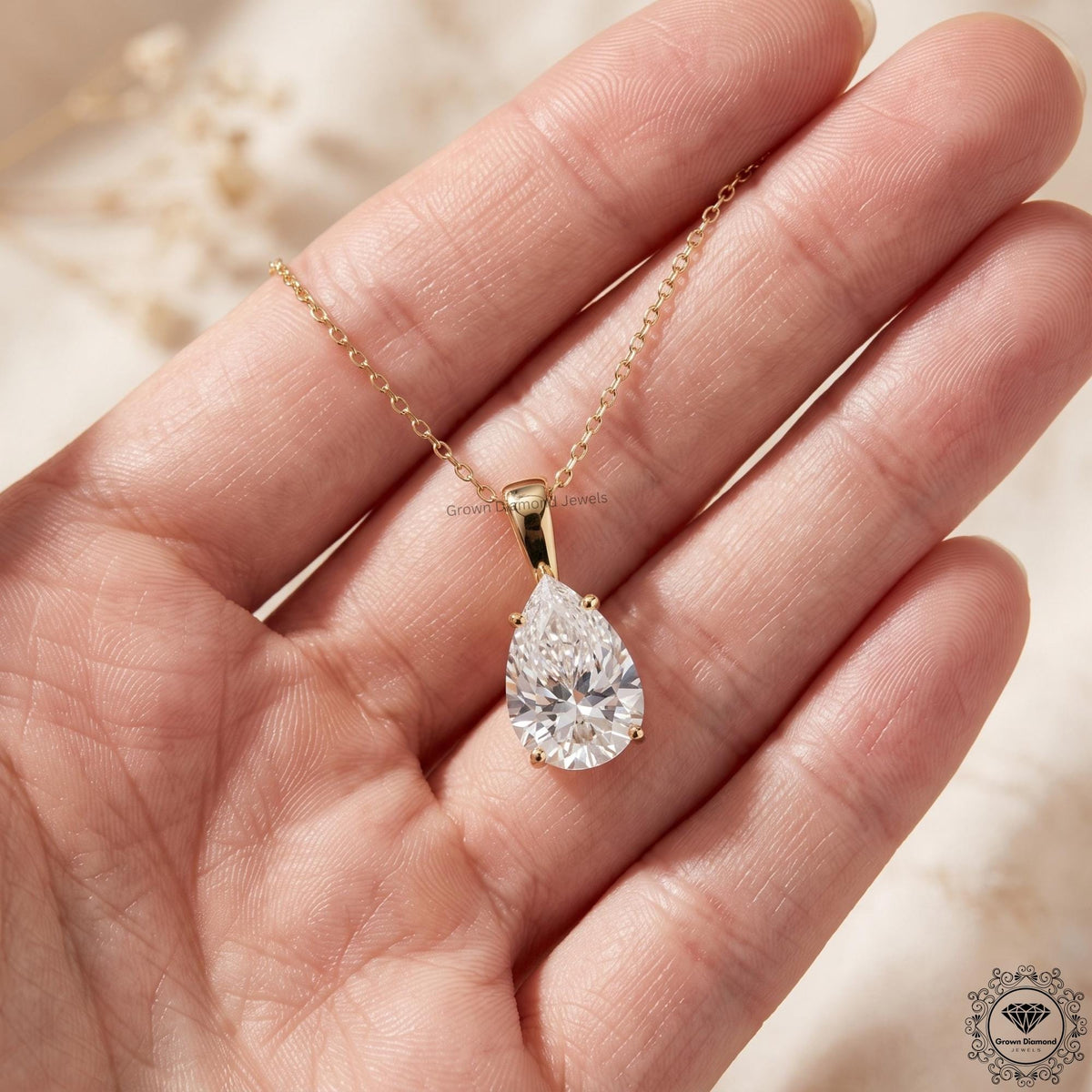 Pear Cut Lab Grown Solitaire Drop Necklace 14K Gold Pendant - GrownDiamondJewels