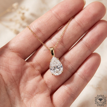 Pear Cut Lab Grown Solitaire Drop Necklace 14K Gold Pendant - GrownDiamondJewels