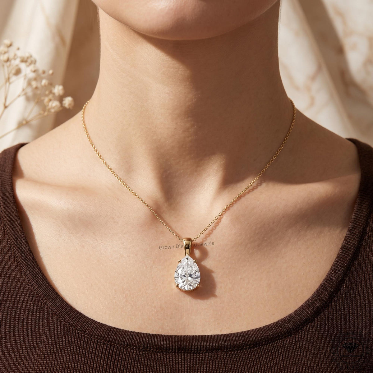 Pear Cut Lab Grown Solitaire Drop Necklace 14K Gold Pendant - GrownDiamondJewels