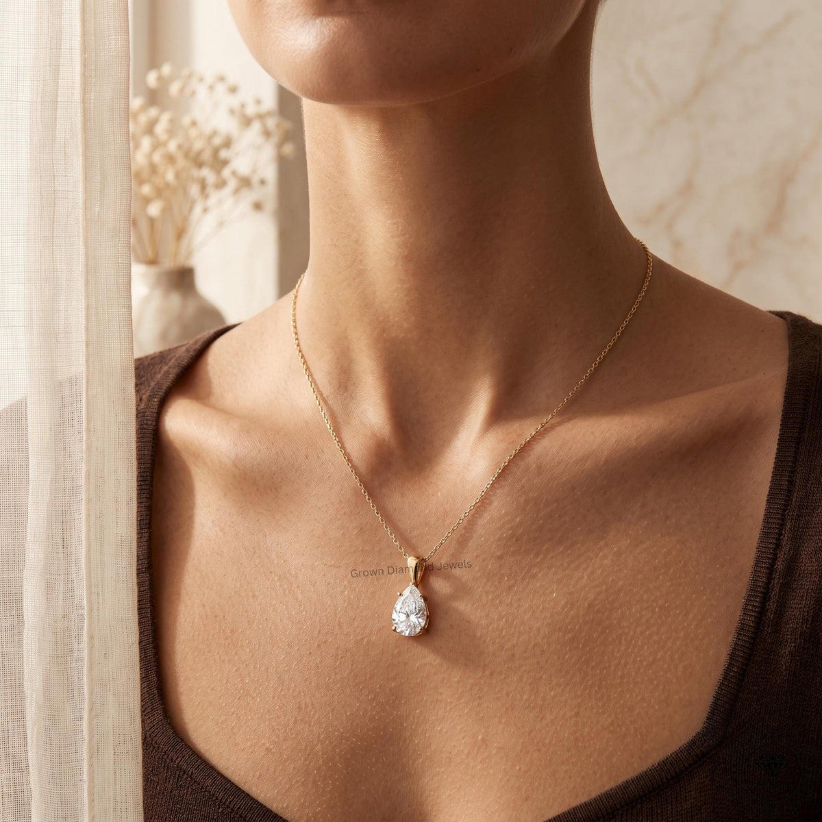 Pear Cut Lab Grown Solitaire Drop Necklace 14K Gold Pendant - GrownDiamondJewels