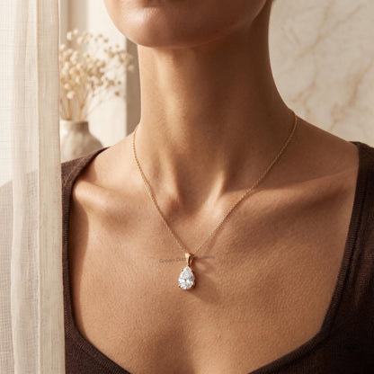 Pear Cut Lab Grown Solitaire Drop Necklace 14K Gold Pendant - GrownDiamondJewels