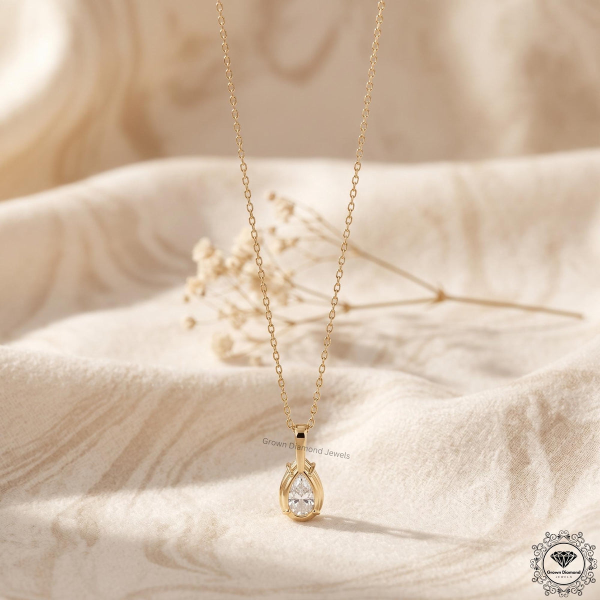 Pear Cut Lab Grown Solitaire Drop Necklace 14K Gold Pendant - GrownDiamondJewels