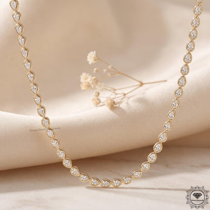 Pear Lab Grown Diamond Tennis Necklace 14K Gold Bezel Set - GrownDiamondJewels