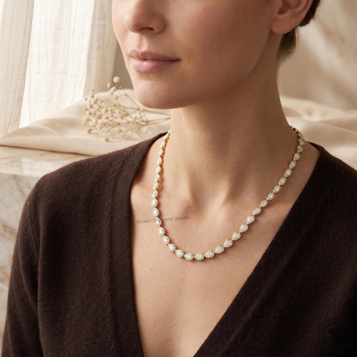 Pear Lab Grown Diamond Tennis Necklace 14K Gold Bezel Set - GrownDiamondJewels