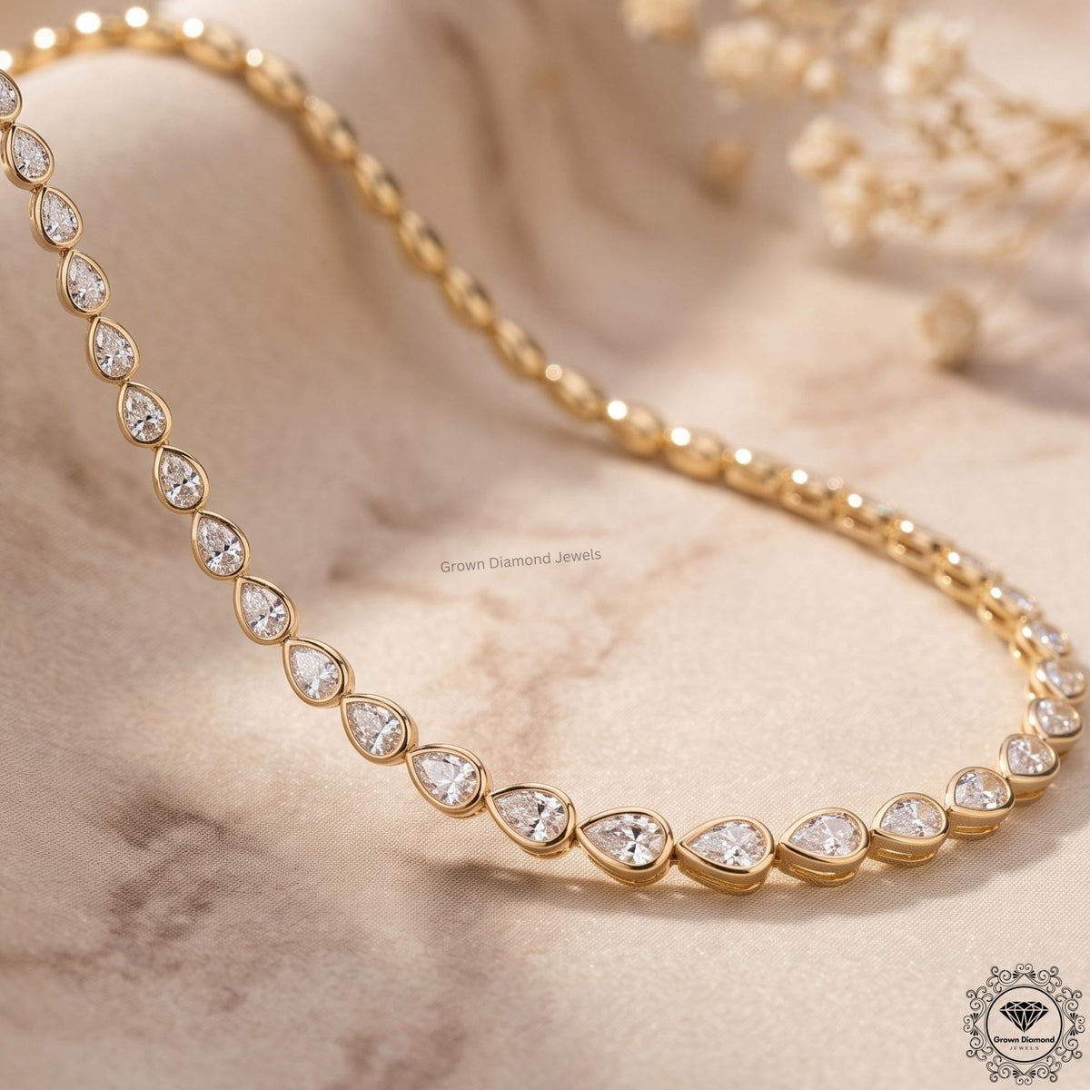 Pear Lab Grown Diamond Tennis Necklace 14K Gold Bezel Set - GrownDiamondJewels