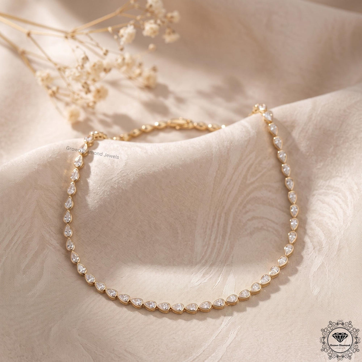 Pear Lab Grown Diamond Tennis Necklace 14K Gold Bezel Set - GrownDiamondJewels