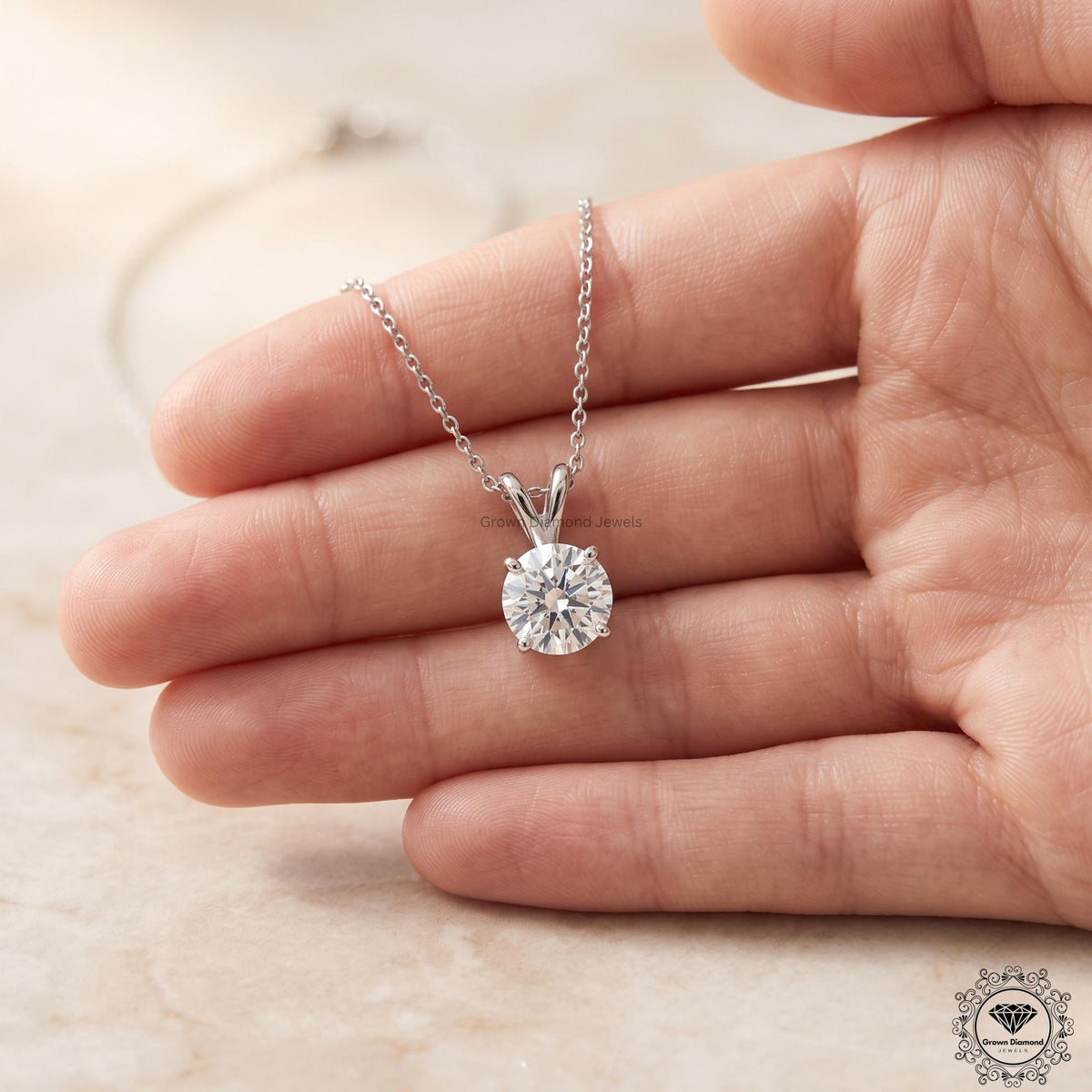 Round Cut Lab Grown Diamond Solitaire Pendant 14K White Gold - GrownDiamondJewels