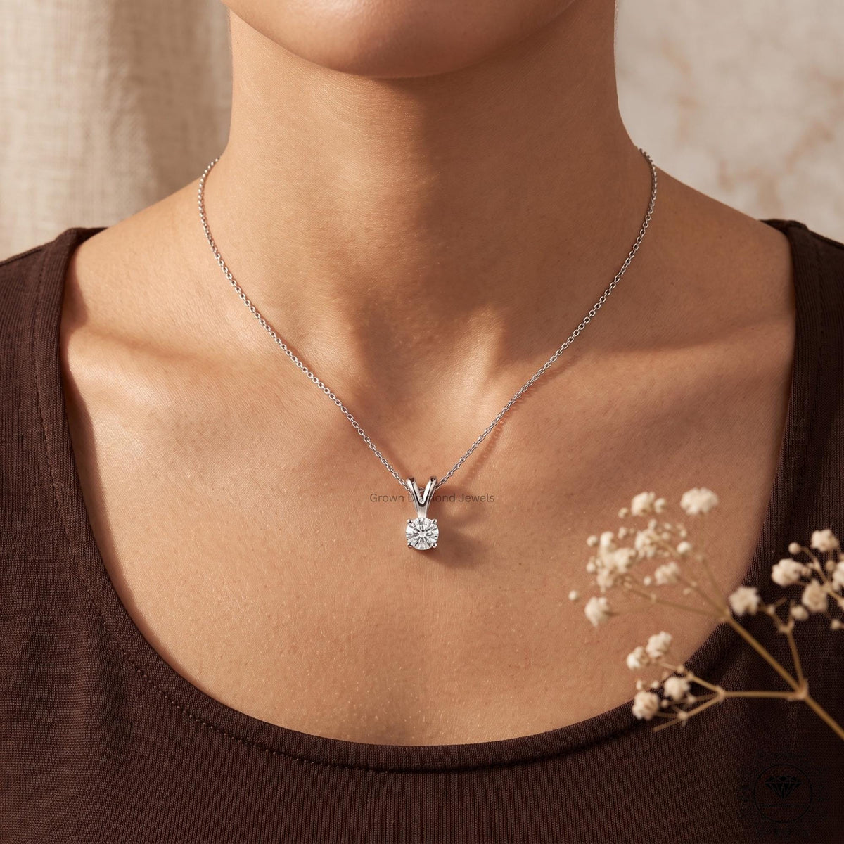 Round Cut Lab Grown Diamond Solitaire Pendant 14K White Gold - GrownDiamondJewels