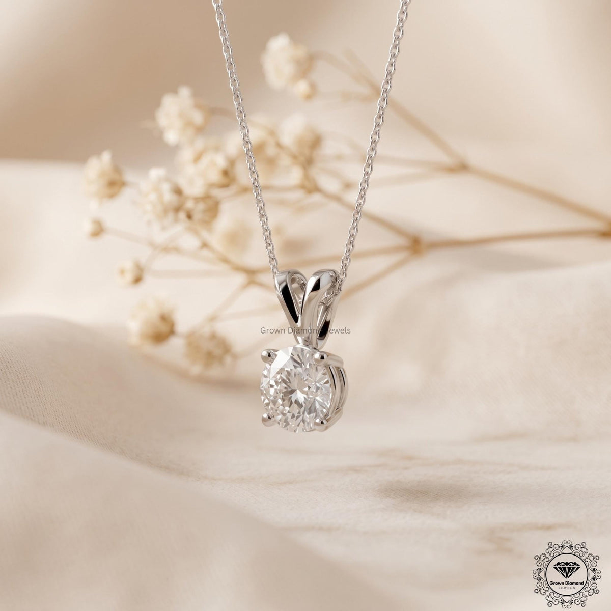 Round Cut Lab Grown Diamond Solitaire Pendant 14K White Gold - GrownDiamondJewels
