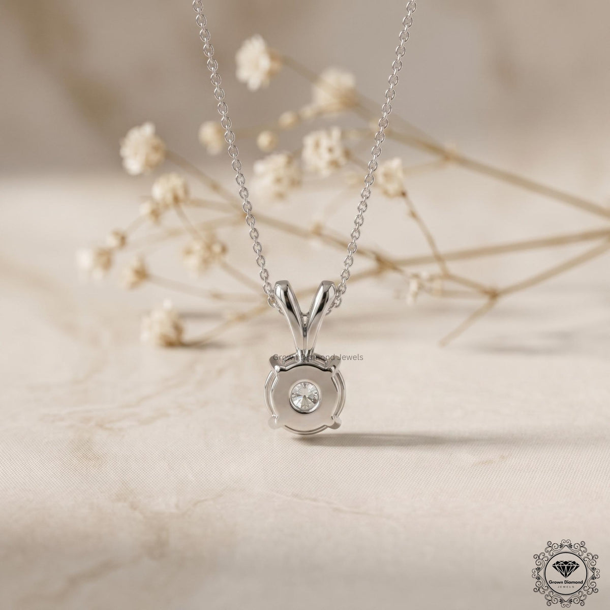 Round Cut Lab Grown Diamond Solitaire Pendant 14K White Gold - GrownDiamondJewels