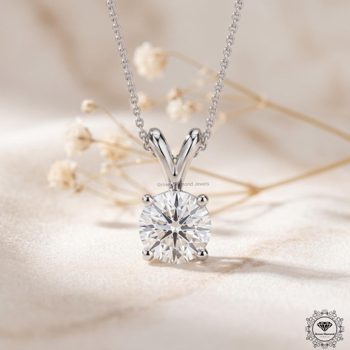 Round Cut Lab Grown Diamond Solitaire Pendant 14K White Gold - GrownDiamondJewels
