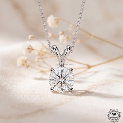 Round Cut Lab Grown Diamond Solitaire Pendant 14K White Gold - GrownDiamondJewels