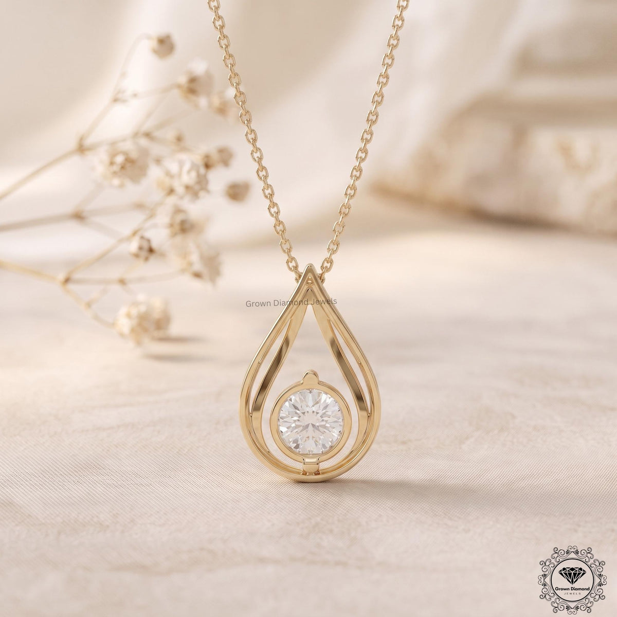 Round Lab Grown Diamond Teardrop Necklace 14K Gold Solitaire - GrownDiamondJewels