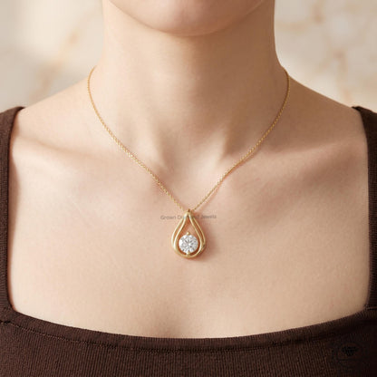 Round Lab Grown Diamond Teardrop Necklace 14K Gold Solitaire - GrownDiamondJewels