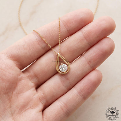 Round Lab Grown Diamond Teardrop Necklace 14K Gold Solitaire - GrownDiamondJewels