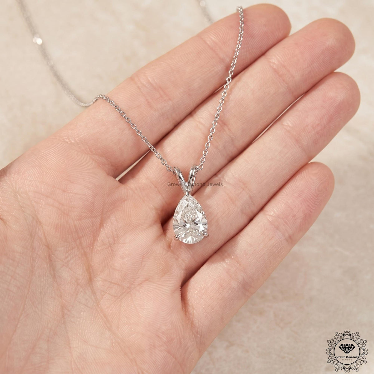 Pear Diamond Solitaire Pendant Necklace 14K White Gold - GrownDiamondJewels