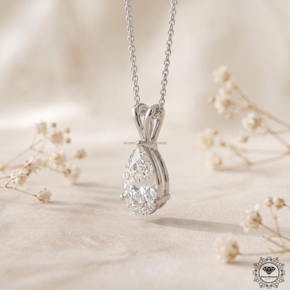 Pear Diamond Solitaire Pendant Necklace 14K White Gold - GrownDiamondJewels