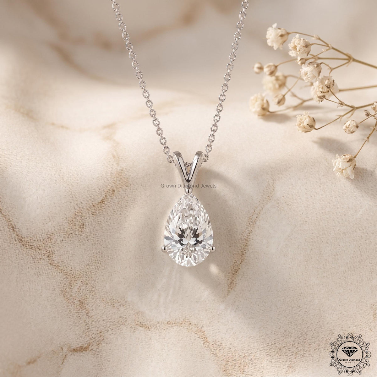 Pear Diamond Solitaire Pendant Necklace 14K White Gold - GrownDiamondJewels