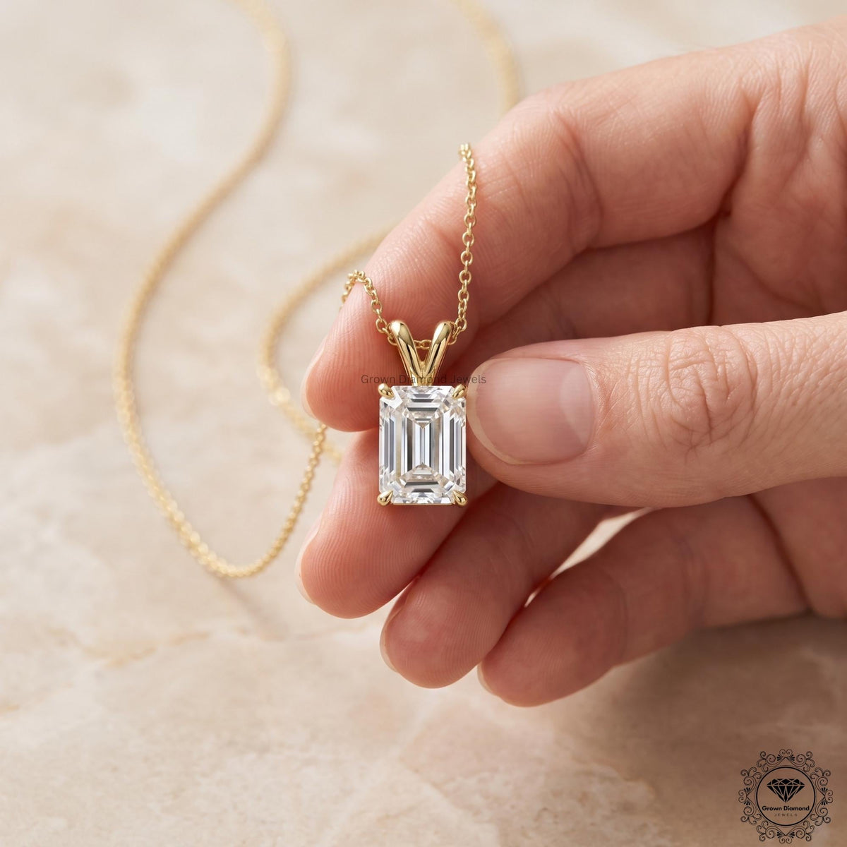 Lab Grown Emerald Diamond Pendant Necklace 18K Gold Dainty - GrownDiamondJewels