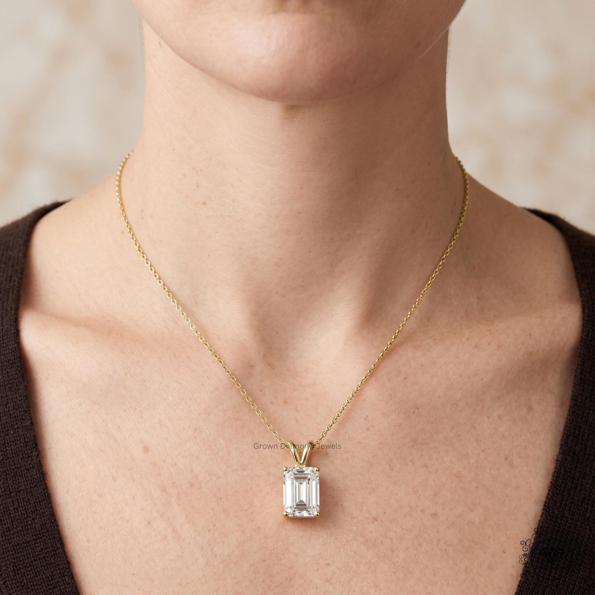 Lab Grown Emerald Diamond Pendant Necklace 18K Gold Dainty - GrownDiamondJewels